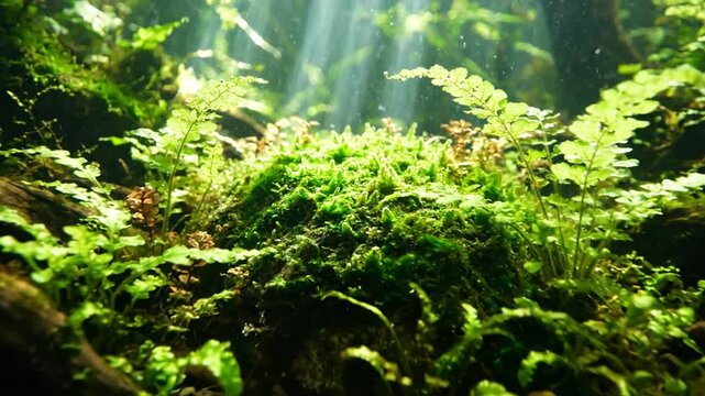 Close-up of a lush green aquatic plant bed with pebbles and shimmering water bubbles