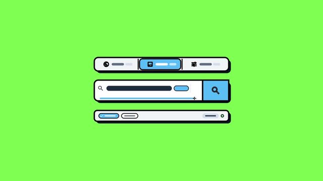 Digital search bar interface performs loading and data processing tasks on a green background.