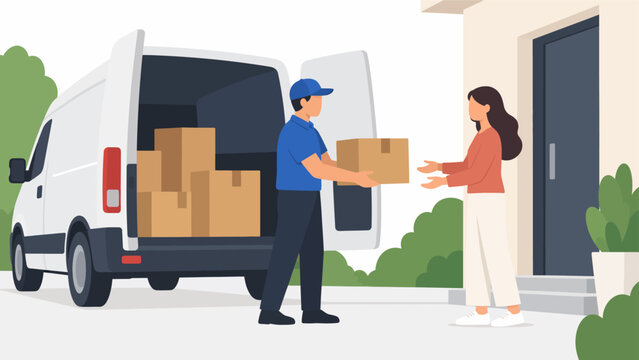Package home delivery concept with courier handing cardboard box to customer at front door with white van in background