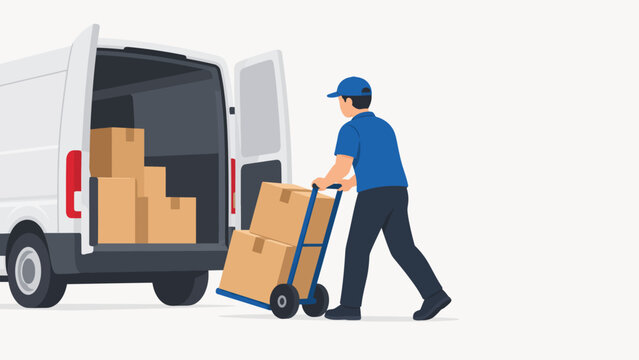 Delivery courier loading cardboard boxes into white van with hand truck for logistics and e-commerce shipping service