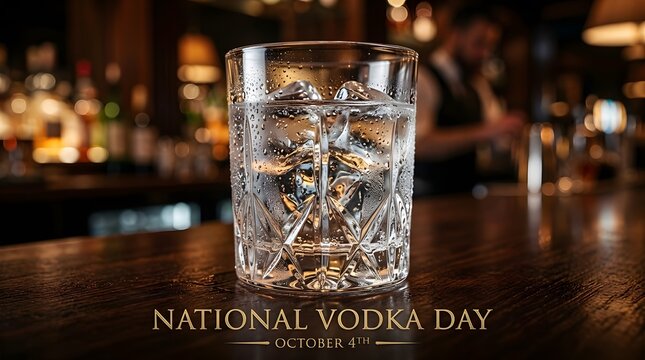 Glass of clear cold vodka with ice cubes on a wooden bar counter