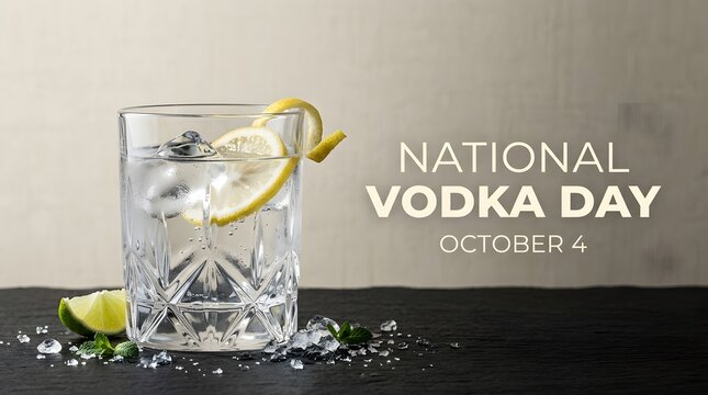 Glass of cold vodka with lemon and ice for national vodka day