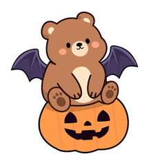 Obraz premium Cute Halloween brown bear with bat wings and pumpkin vector illustration