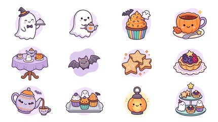 Fototapeta premium Whimsical Halloween Tea Party Cute Ghosts and Spooky Treats Collection
