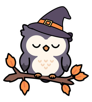 Adorable cute owl wearing a purple witch hat and sitting on an autumn branch with leaves, spooky mystical Halloween vector illustration.