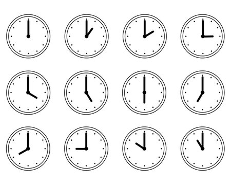 1時から12時までの時刻を示すシンプルなアナログ時計イラスト素材セット