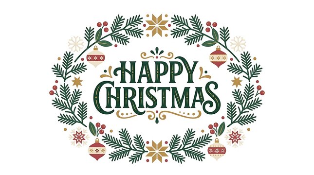 Festive happy christmas greeting card design with decorative pine branches and colorful hanging ornaments on white background