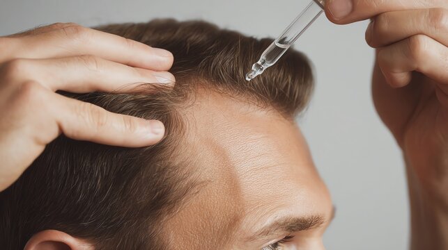 Man applying serum to hairline for fuller hair.