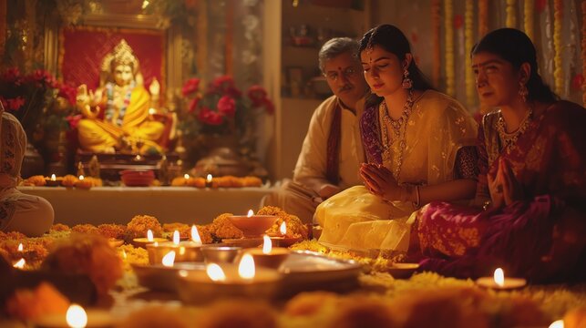 Devotees offer prayers during a festival ceremony.