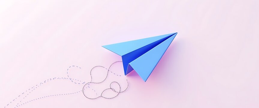 Blue paper airplane flies with dotted line trailing for delivery or travel concept on pink background.