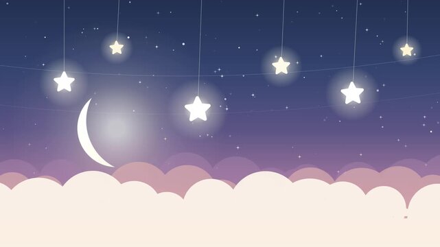 Night sky background shows glowing stars and crescent moon