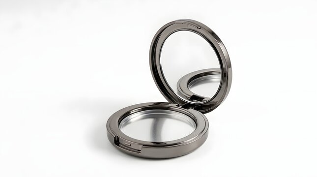 Open empty round silver metal cosmetic compact case with mirror isolated on white background