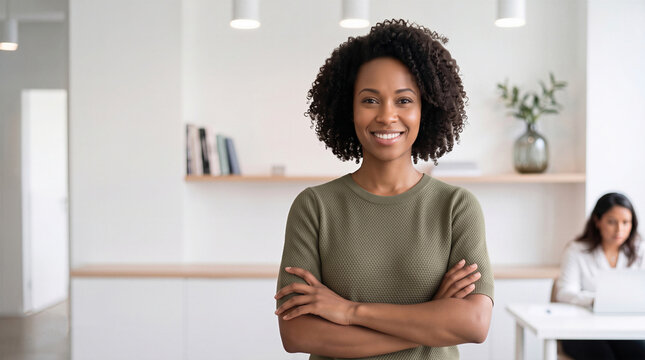 Confident smiling African American businesswoman standing with arms crossed in a bright modern office space