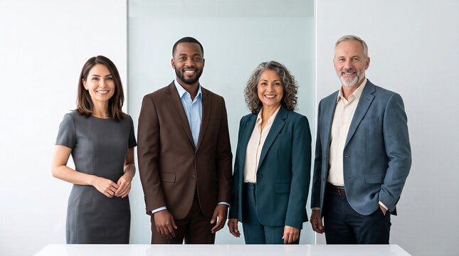Confident group of business professionals standing together in a modern office