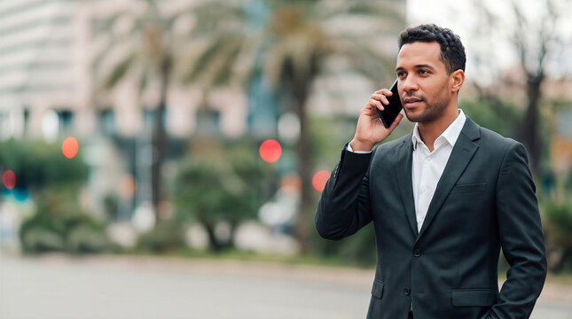 Confident African American businessman in a suit talking on a mobile phone outdoors in the city