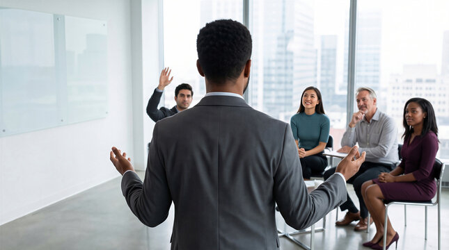 Business executive leading a presentation for a diverse group of professionals in a modern office