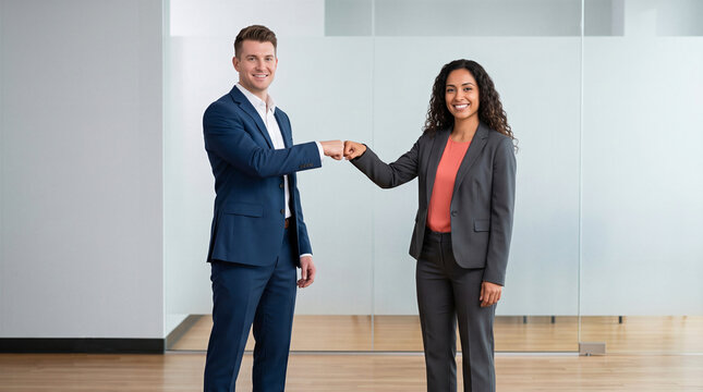 Smiling diverse business colleagues doing a fist bump to celebrate teamwork and success 