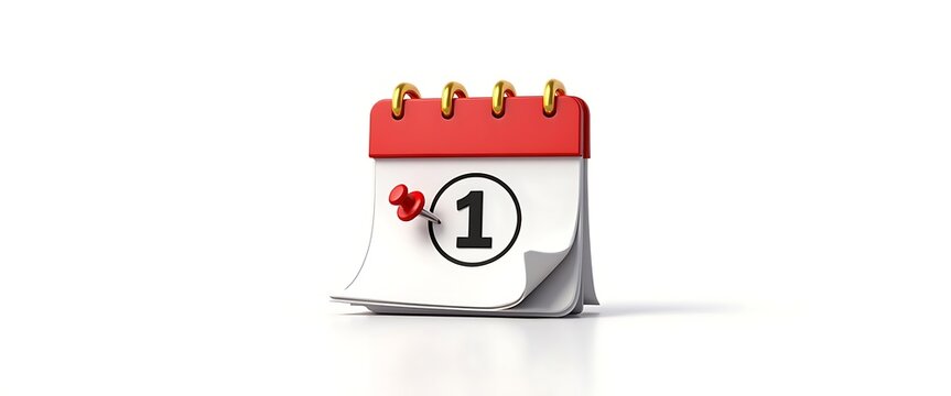 Red and gold desk calendar with a pin on day one, representing start dates, important beginnings, and planning ahead.