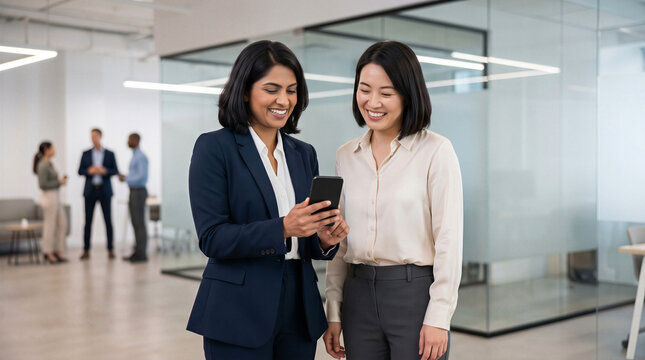 Two smiling diverse businesswomen looking at a smartphone together with colleagues in the background