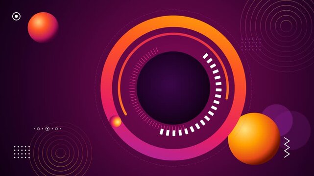 Abstract purple background with rotating orange and pink concentric rings and floating spheres motion graphic