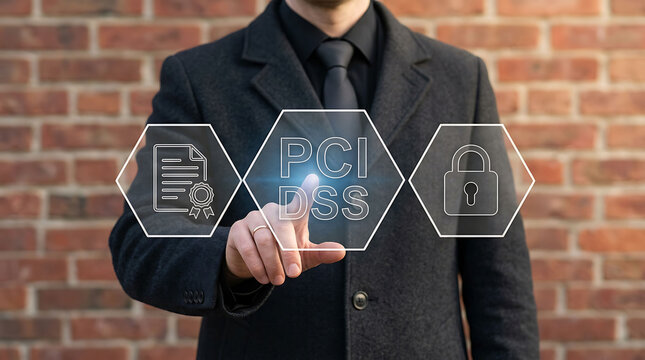 Businessman interacting with PCI DSS compliance and security graphics hologram
