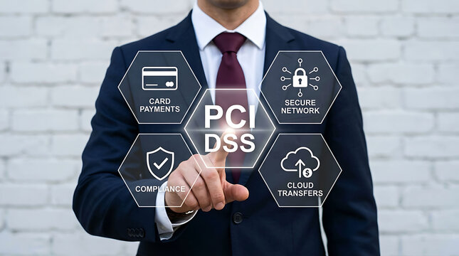 Businessman touching digital hologram interface with PCI DSS compliance icon