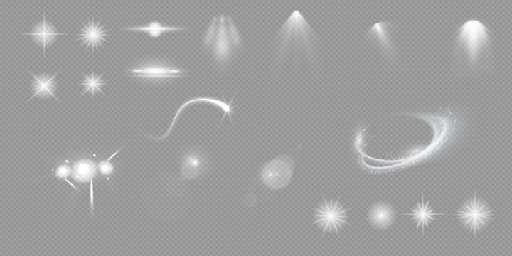 Various light effects on a transparent background. They have the form of symmetrical rays, reminiscent of twinkling stars. For decorating dynamic scenes or adding movement.