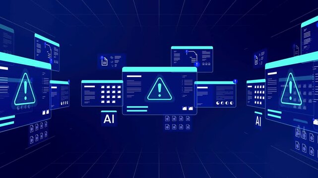 Blue interface screens with folders, document icons, error notifications. Suitable for technology presentations, software development, digital security concepts.