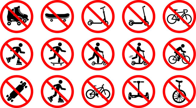 No Riding Prohibition Sign Set, Forbidden Scooter Bicycle Skateboard Roller Skate and Hoverboard Warning Symbols for Road Safety Rules