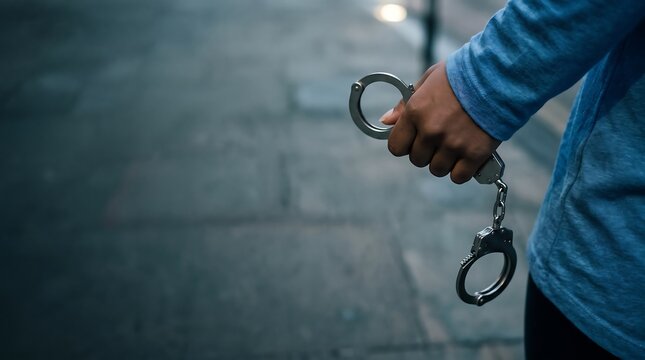 Close up of a hand holding open handcuffs in a dark urban environment symbolizing freedom and social justice