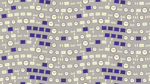 Pattern of clocks, pillows, and doors