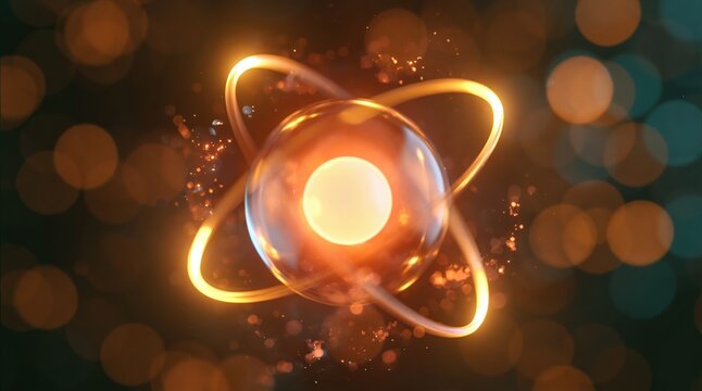 Atom model with glowing atomic nucleus and electron particles in quantum physics orbit showing scientific energy