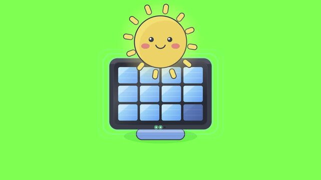 Smiling sun icon generates clean energy for solar panel array