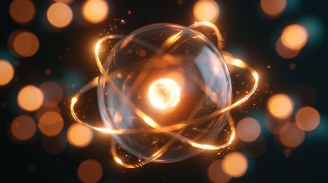 Atom nucleus with orbiting electron and proton particle in quantum physics energy field with glowing wave orbital