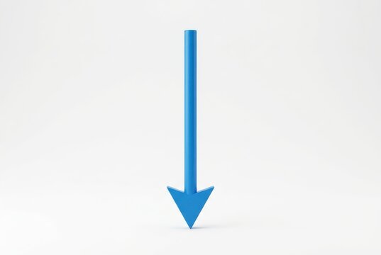 Minimalist Blue 3D Arrow Pointing Downwards on a Clean White Background Representing Decline or Direction