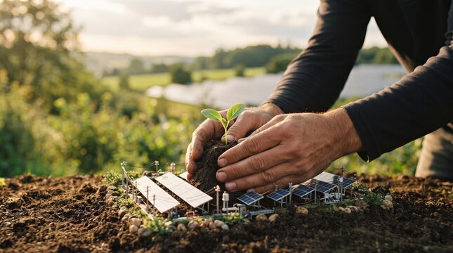 Hands planting seedling near miniature solar panels in rural landscape at sunset