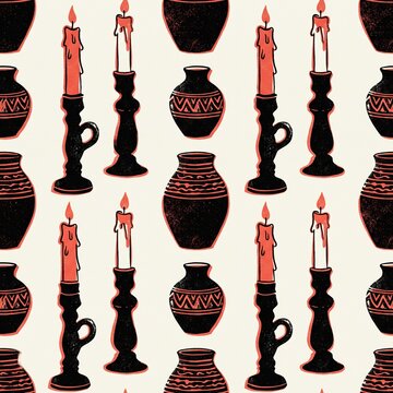 Seamless Pattern of Vintage Candles in Black Holders and Decorative Clay Vases, Hand Drawn Linocut Style Illustration for Textile Design, Wrapping Paper, Wallpaper, and Modern Home Decor Background