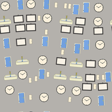 Seamless pattern of clocks, doors, sinks, and picture frames