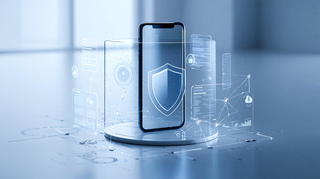 Mobile Cybersecurity and Data Protection Shield Concept with Smartphone