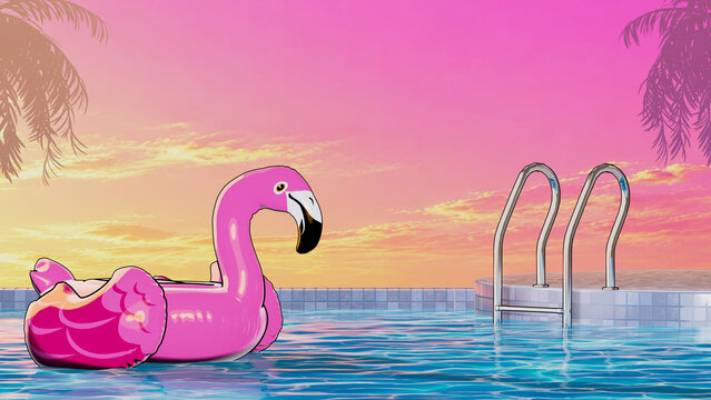 Inflatable Flamingo in a Swimming Pool - Video Game 3D illustration