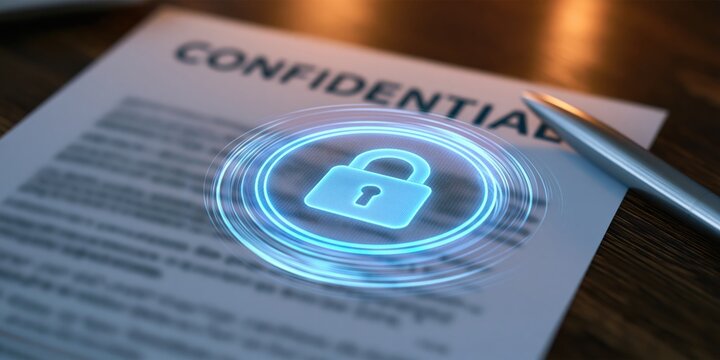 Confidential document with digital lock hologram for data security privacy protection and encryption file access