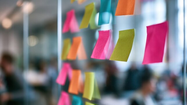 Colorful sticky note paper pieces attached to transparent glass wall in modern office brainstorming and planning session with blurred people in background