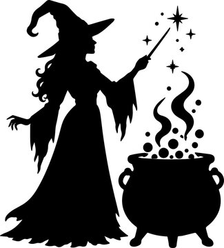 Black Witch Silhouette with Magic Wand and Bubbling Cauldron Vector Illustration