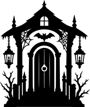 Spooky Haunted House Entrance Silhouette with Bat Spiderwebs and Lanterns Vector Illustration for Halloween Background