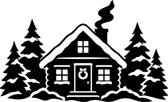Black and White Vector Silhouette of a Winter Log Cabin in a Snowy Pine Forest with a Christmas Wreath
