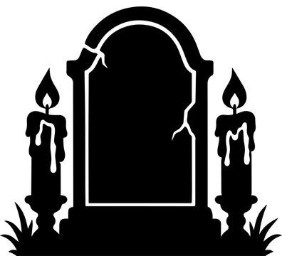 Black Tombstone Silhouette with Two Lit Candles and Cracks Graveyard Halloween Vector Illustration