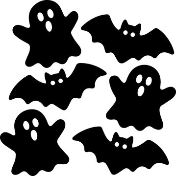 Halloween Ghost and Bat Silhouettes Vector Set of Spooky Characters for Holiday Graphic Design