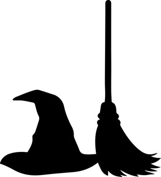 Black Silhouette of a Witch Hat and Broomstick Isolated on White Background for Halloween Magic and Sorcery Design