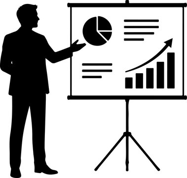 Silhouette of a Businessman Presenting Data and Financial Growth on a Projector Screen with Charts and Graphs