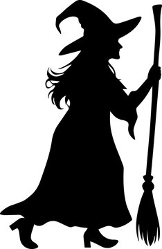 Black Silhouette of a Witch Standing with a Broomstick Isolated on White Background Vector Illustration for Halloween